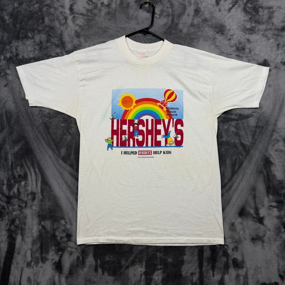 Hershey's T-Shirt Large White Vintage 1992 Childrens Miracle Network Rainbow
